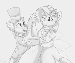 Size: 2338x1968 | Tagged: safe, artist:frostedsketch13, derpibooru import, rarity, spike, dragon, pony, unicorn, a canterlot wedding, bridesmaid dress, bridesmaid rarity, clothes, dancing, dress, female, hat, holding hooves, image, looking at each other, looking at someone, male, mare, one eye closed, png, ring bearer, royal wedding, shipping, smiling, sparity, spike's first bow tie, straight, suit, top hat, wink
