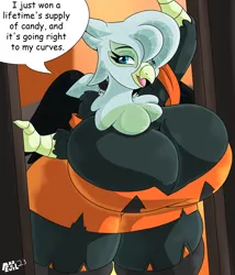 Size: 1800x2100 | Tagged: suggestive, artist:mad'n evil, derpibooru import, oc, oc:mai, anthro, gryphon, series:mai's curvy halloween, anthro oc, bbw, belly, big breasts, breasts, clothes, costume, curvy, dialogue, doorway, dress, fat, female, griffon oc, halloween, halloween costume, holiday, hourglass figure, house, image, nightmare night, png, pumpkin, socks, solo, solo female, thigh highs, wide hips, wings