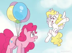 Size: 1668x1235 | Tagged: safe, artist:skysorbett, derpibooru import, pinkie pie, surprise, earth pony, pegasus, pony, g1, balloon, derpibooru exclusive, duo, female, flying, g1 to g4, g4, generation leap, image, mare, mlp fim's thirteenth anniversary, open mouth, png, sky, smiling