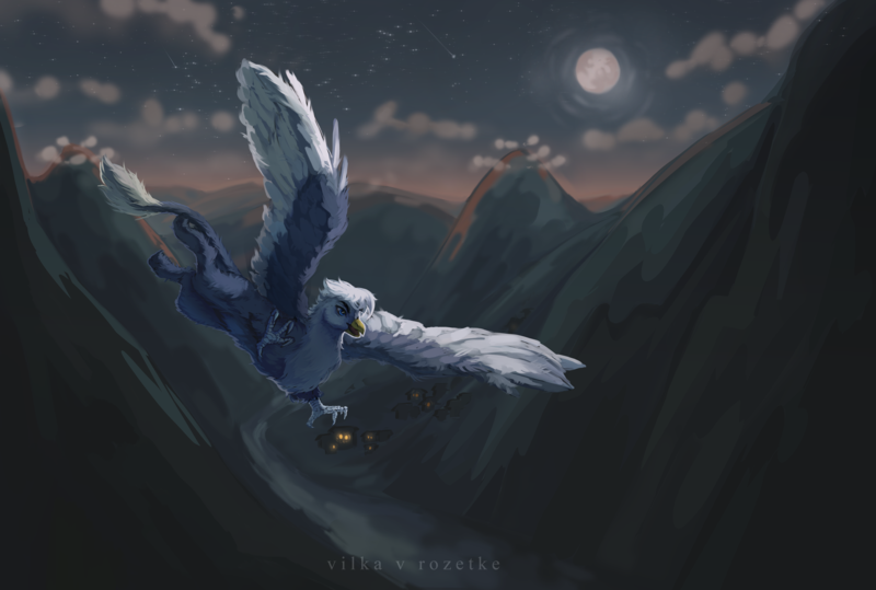 Size: 6080x4096 | Tagged: safe, artist:yasu, derpibooru import, oc, gryphon, background, cloud, cloudy, commission, dark, flying, griffin (character), griffon oc, image, moon, mountain, night, png, scenery, sky, solo, spread wings, wings