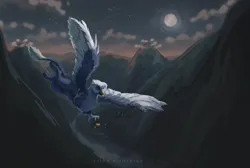 Size: 6080x4096 | Tagged: safe, artist:yasu, derpibooru import, oc, gryphon, background, cloud, cloudy, commission, dark, flying, griffin (character), griffon oc, image, moon, mountain, night, png, scenery, sky, solo, spread wings, wings