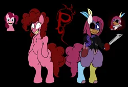 Size: 1280x876 | Tagged: semi-grimdark, artist:isaac_pony, derpibooru import, pinkie pie, demon, earth pony, necromorph, pony, semi-anthro, undead, zombie, black background, black eye, black sclera, blood, clothes, creepy, creepy smile, creepypasta, dead space, feather, female, horn, horn necklace, image, jewelry, laughing, leather, logo, looking at you, machete, mare, mask, mutated zombie, necklace, open mouth, pinkamena dark future, pinkamena diane pie, png, scarf, simple background, smiling, smiling at you, smiling necromorph pie, tail