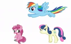 Size: 1080x669 | Tagged: safe, derpibooru import, edit, vector edit, bon bon, rainbow dash, ruby pinch, sweetie drops, earth pony, pegasus, pony, unicorn, angry, bon bon is not amused, female, filly, flying, foal, image, jpeg, looking at someone, looking up, mare, simple background, trio, trio female, unamused, vector, white background