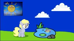 Size: 1080x607 | Tagged: safe, derpibooru import, edit, derpy hooves, spike, fish, pegasus, pony, puffer fish, g5, my little pony: tell your tale, my little pony: the movie, female, filly, filly derpy hooves, foal, image, jpeg, pond, species swap, spike the pufferfish, water