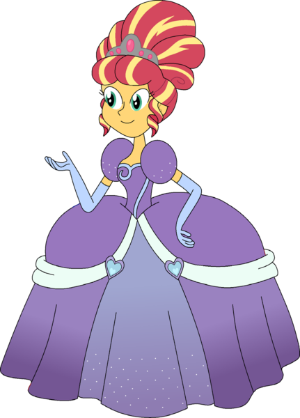 Size: 1024x1424 | Tagged: safe, artist:rarity525, derpibooru import, sunset shimmer, human, equestria girls, equestria girls series, rollercoaster of friendship, alternate hairstyle, clothes, crown, dress, evening gloves, female, gloves, gown, image, jewelry, long gloves, png, poofy shoulders, regalia, smiling, solo, solo female