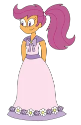 Size: 1024x1567 | Tagged: safe, artist:rarity525, derpibooru import, scootaloo, human, equestria girls, alternate hairstyle, clothes, dress, female, flower girl, flower girl dress, hands behind back, humanized, image, png, ponytail, smiling, solo, solo female