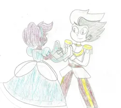 Size: 1024x914 | Tagged: safe, artist:rarity525, derpibooru import, rumble, scootaloo, human, equestria girls, alternate hairstyle, cinderella, clothes, dancing, dress, evening gloves, female, gloves, gown, holding hands, humanized, image, jpeg, long gloves, male, poofy shoulders, rumbloo, shipping, smiling, straight, suit