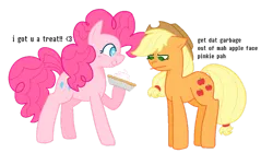 Size: 1197x668 | Tagged: safe, artist:cutecandycane, derpibooru import, applejack, pinkie pie, earth pony, pony, dialogue, duo, duo female, english, female, food, image, pie, png, pumpkin pie, simple background, transparent background