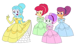 Size: 1024x603 | Tagged: safe, artist:rarity525, derpibooru import, apple bloom, scootaloo, sweetie belle, oc, oc:jeremy sparkle, human, equestria girls, alternate hairstyle, belle, clothes, curtsey, cutie mark crusaders, dress, ear piercing, earring, female, gown, hands behind back, image, jewelry, piercing, png, smiling