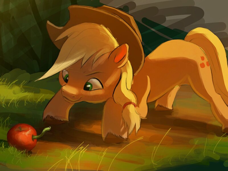 Size: 2435x1826 | Tagged: safe, artist:hoofy_0415, derpibooru import, applejack, worm, apple, food, image, jpeg