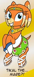 Size: 496x1100 | Tagged: safe, artist:realdash, derpibooru import, earth pony, pony, aggie.io, bandage, clothes, crossover, cute, female, happy, hoof gloves, image, jewelry, looking at you, mare, pixel art, png, regalia, simple background, skirt, smiling, smiling at you, solo, sonic the hedgehog (series), tikal, tikal the echidna