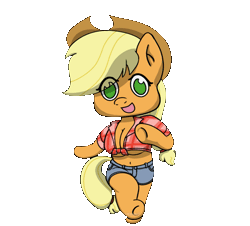 Size: 865x783 | Tagged: safe, artist:mranthony2, derpibooru import, applejack, anthro, animated, belly button, breasts, busty applejack, chibi, cleavage, clothes, cute, dancing, gif, idolmaster, image, midriff, mio honda, open mouth, open smile, simple background, skipping, smiling, solo, step!, transparent background, underboob