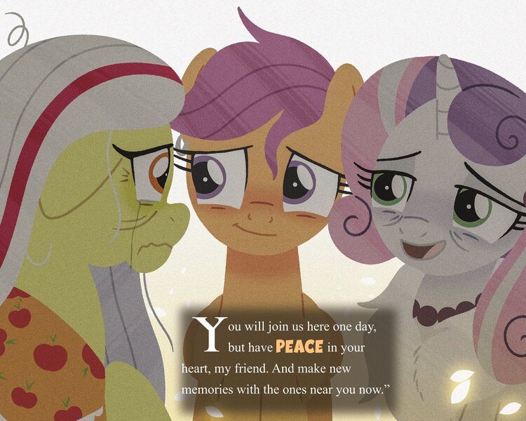 Size: 3000x2400 | Tagged: safe, artist:bearmation, derpibooru import, apple bloom, scootaloo, sweetie belle, earth pony, pegasus, pony, unicorn, clothes, crying, cutie mark crusaders, elderly, female, floppy ears, granny smith's shawl, image, jpeg, mare, older, older apple bloom, older cmc, older scootaloo, older sweetie belle, open mouth, open smile, scarf, smiling, spirit, story included, text, wavy mouth