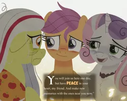 Size: 3000x2400 | Tagged: safe, artist:bearmation, derpibooru import, apple bloom, scootaloo, sweetie belle, earth pony, pegasus, pony, unicorn, clothes, crying, cutie mark crusaders, elderly, female, floppy ears, granny smith's shawl, image, jpeg, mare, older, older apple bloom, older cmc, older scootaloo, older sweetie belle, open mouth, open smile, scarf, smiling, spirit, story included, text, wavy mouth