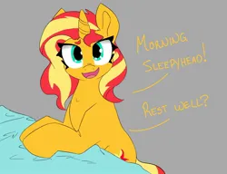 Size: 2048x1575 | Tagged: safe, artist:2hrnap, derpibooru import, sunset shimmer, unicorn, cute, dialogue, image, jpeg, looking at you, morning ponies, shimmerbetes, simple background, solo