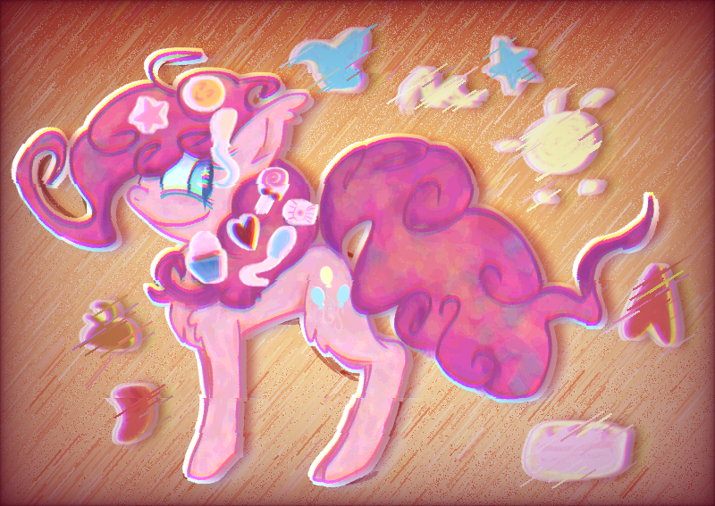 Size: 800x567 | Tagged: safe, derpibooru import, pinkie pie, earth pony, pony, balloon, cake, candy, cupcake, female, food, heart, image, newbie artist training grounds, png, smiley face, solo, solo female, starry eyes, stars, wingding eyes