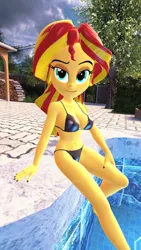Size: 1080x1920 | Tagged: suggestive, artist:oatmeal!, derpibooru import, sunset shimmer, human, equestria girls, 3d, belly button, bikini, black bikini, breasts, clothes, eyebrows, gmod, hand on leg, hand on thigh, humanized, image, legs in the water, looking at you, partially submerged, png, raised eyebrow, sexy, sitting, stupid sexy sunset shimmer, swimming pool, swimsuit, youtube link in the description