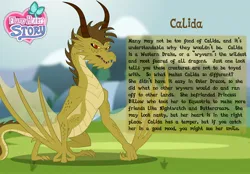 Size: 3014x2102 | Tagged: safe, artist:aleximusprime, derpibooru import, oc, oc:calida the dragon, dragon, wyvern, flurry heart's story, bio, dragon oc, dragoness, female, image, jpeg, looking at you, non-pony oc, open mouth, slit pupils, text