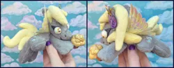 Size: 3264x1283 | Tagged: safe, artist:krazykari, derpibooru import, derpy hooves, pegasus, pony, food, image, irl, muffin, photo, plushie, png, solo