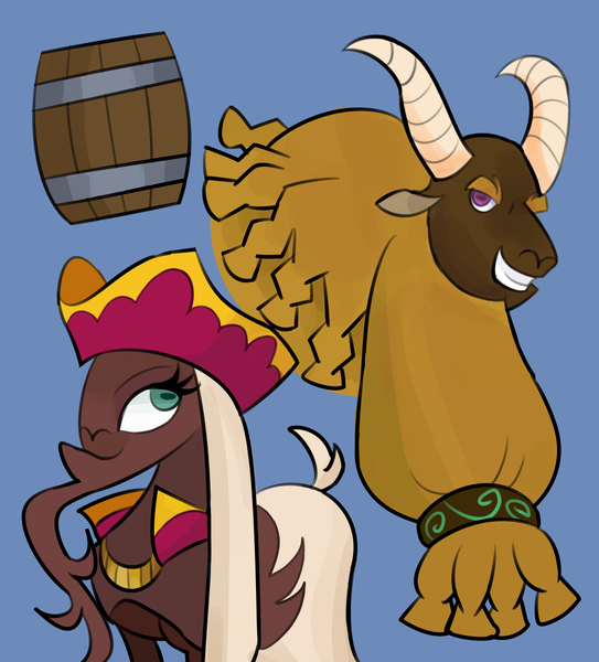 Size: 1060x1171 | Tagged: safe, artist:nonameorous, derpibooru import, goat, them's fightin' herds, barrel, beard, blue background, captain bravura (tfh), chains, community related, duo, facial hair, first mate ruvido (tfh), hat, horns, image, jewelry, looking up, pirate, pirate hat, png, simple background, smiling