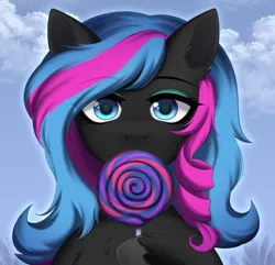 Size: 2643x2547 | Tagged: safe, artist:alunedoodle, derpibooru import, oc, oc:obabscribbler, earth pony, pony, bust, candy, female, food, image, lollipop, looking at you, png, portrait, solo