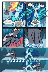 Size: 1567x2351 | Tagged: safe, artist:virmir, oc, oc:snowmare doom, oc:virmare, unofficial characters only, alicorn, deer, pony, unicorn, comic:so you've become a pony villain, cape, clothes, comic, confused, dialogue, female, ice, ice deer, image, leaping, mare, png, sliding, unsound effect