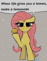 Size: 951x1241 | Tagged: safe, artist:petaltwinkle, derpibooru import, fluttershy, pegasus, pony, cute, dialogue, female, food, gray background, hoof hold, image, jpeg, lemon, looking at you, mare, narrowed eyes, shyabetes, simple background, solo, speech bubble, talking to viewer