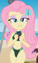 Size: 764x1280 | Tagged: safe, derpibooru import, edit, edited screencap, screencap, fluttershy, equestria girls, equestria girls series, too hot to handle, beach, bedroom eyes, bikini, clothes, female, image, looking at you, png, solo, solo female, swimsuit