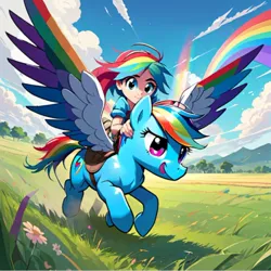 Size: 758x759 | Tagged: safe, derpibooru import, machine learning generated, stable diffusion, rainbow dash, human, pegasus, pony, ai content, cloud, colored wings, field, flower, generator:hotpot.ai, human ponidox, humanized, humans riding ponies, image, jpeg, multicolored wings, rainbow, rainbow wings, riding, saddle, self paradox, self ponidox, sky, smiling, spread wings, tack, tree, wings