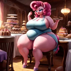 Size: 1024x1024 | Tagged: suggestive, derpibooru import, machine learning generated, stable diffusion, pinkie pie, anthro, earth pony, unguligrade anthro, ai content, apron, bbw, breasts, busty pinkie pie, cake, clothes, derpibooru exclusive, eating, fat, food, image, png, prompter:professordoctorc, pudgy pie, round belly, thighs, thunder thighs, wide hips