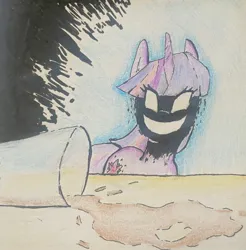 Size: 2533x2570 | Tagged: semi-grimdark, artist:gorebox, derpibooru import, twilight sparkle, unicorn, chocolate, chocolate milk, colored pencil drawing, everything is ruined, evil grin, exploitable meme, food, grin, image, ink, jpeg, meme, milk, pure unfiltered evil, sinister smile, smiling, spill, spilled drink, spilled milk, traditional art