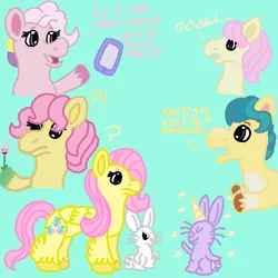 Size: 2000x2000 | Tagged: safe, artist:mintwhistle, derpibooru import, angel bunny, fluttershy, fluttershy (g3), hitch trailblazer, posey, sky skimmer, bunnycorn, earth pony, pegasus, pony, rabbit, g1, g2, g3, g5, amazed, angel bunny is not amused, animal, baffled, bewildered, bust, coat markings, colored hooves, confused, derpibooru exclusive, dialogue, earth pony magic, exclamation point, eyes closed, feathered fetlocks, female, floating, flower, folded wings, frown, full body, g4, glow, glowing hooves, green background, hi, horn, image, interrobang, jealous, magic, magic glow, male, mare, medibang paint, mlp fim's thirteenth anniversary, mobile phone, oooooh, open mouth, open smile, pale belly, phone, png, pointing, question mark, septet, simple background, smartphone, smiley face, smiling, socks (coat marking), sparkles, stallion, teal background, turquoise background, unamused, unshorn fetlocks, wings