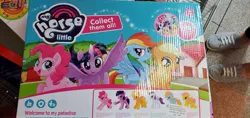Size: 2048x969 | Tagged: safe, derpibooru import, applejack, fluttershy, pinkie pie, rainbow dash, rarity, twilight sparkle, alicorn, earth pony, pegasus, pony, unicorn, ages 3+, bootleg, clothes, collect them all, female, filly, filly applejack, glare, image, jpeg, mane six, mare, misspelling, my horse little, photo, shoes, spread wings, wings, younger