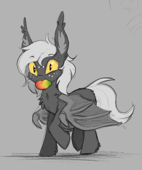 Size: 494x589 | Tagged: safe, artist:shydale, derpibooru import, oc, oc:reeree, bat pony, pony, aggie.io, bat pony oc, bat wings, ear fluff, food, freckles, image, mango, monochrome, mouth hold, neo noir, partial color, png, raised leg, sketch, solo, wings