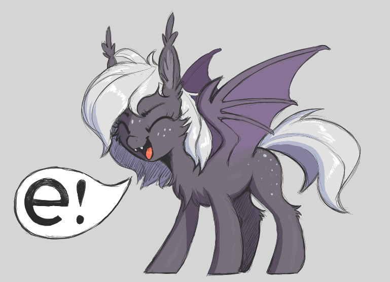 Size: 769x557 | Tagged: safe, artist:shydale, derpibooru import, oc, oc:reeree, bat pony, aggie.io, bat pony oc, bat wings, chest fluff, e, ear fluff, eeee, eyes closed, fangs, freckles, image, open mouth, png, simple background, solo, speech bubble, wings