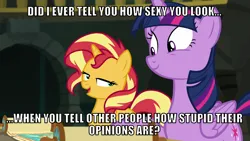 Size: 1066x600 | Tagged: safe, derpibooru import, edit, edited screencap, editor:twi clown, screencap, sunset shimmer, twilight sparkle, twilight sparkle (alicorn), alicorn, pony, unicorn, equestria girls, equestria girls series, forgotten friendship, caption, duo, female, image, image macro, looking at each other, looking at someone, mare, png, smiling, text