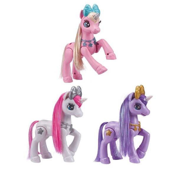 Size: 1200x1200 | Tagged: safe, derpibooru import, pony, unicorn, amazon.com, bootleg, bow, colored horn, female, hair bow, horn, image, jewelry, jpeg, mare, necklace, raised hoof, rearing, simple background, standing, trio, white background, zuru pets alive