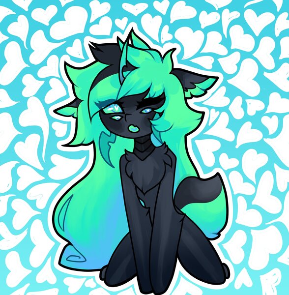 Size: 1877x1914 | Tagged: safe, artist:minty--fresh, derpibooru import, oc, oc:minty fresh, monster pony, original species, semi-anthro, spiderpony, chest fluff, four eyes, heart, heart eyes, image, jpeg, kneeling, mandibles, multicolored hair, one eye closed, solo, wingding eyes, wink