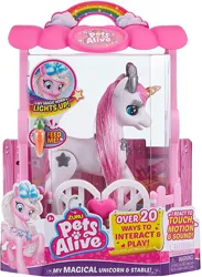 Size: 1095x1500 | Tagged: safe, derpibooru import, pony, unicorn, ages 3+, bow, carrot, choking hazard, colored horn, female, food, hair bow, horn, image, jewelry, jpeg, mare, necklace, photo, simple background, solo, tinsel, toy, white background, zuru pets alive