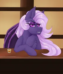 Size: 1042x1230 | Tagged: artist needed, safe, derpibooru import, oc, oc:lilac night, bat pony, pony, bar, bedroom eyes, cute, drink, female, image, jpeg, looking at you, mare, smiling