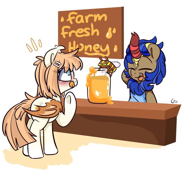 Size: 1200x1130 | Tagged: safe, artist:lou, derpibooru import, oc, oc:honey milk, unofficial characters only, bat pony, bee, insect, kirin, pony, bat pony oc, bat wings, blushing, duo, female, food, honey, image, jar, jpeg, kirin oc, licking, licking lips, male, mare, minecraft, minecraft bee, raised hoof, tongue out, wings