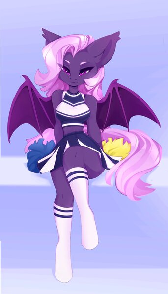 Size: 1166x2048 | Tagged: suggestive, artist:shooshaa, derpibooru import, oc, oc:lilac night, unofficial characters only, anthro, bat pony, cheerleader, cheerleader outfit, clothes, female, image, jpeg, looking at you, miniskirt, pom pom, sexy, sitting, skirt, socks, thighs