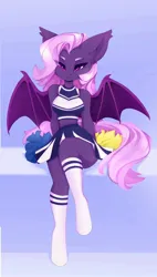 Size: 1166x2048 | Tagged: suggestive, artist:shooshaa, derpibooru import, oc, oc:lilac night, unofficial characters only, anthro, bat pony, cheerleader, cheerleader outfit, clothes, female, image, jpeg, looking at you, miniskirt, pom pom, sexy, sitting, skirt, socks, thighs