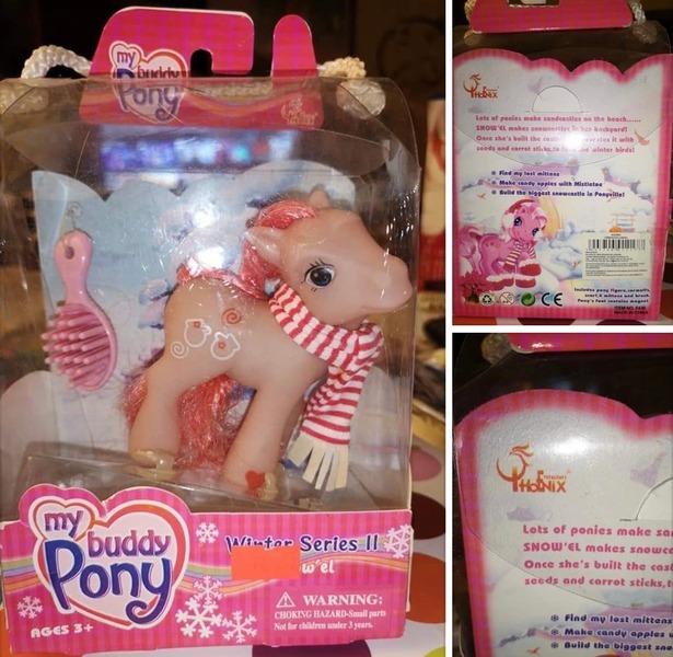 Size: 1125x1098 | Tagged: safe, derpibooru import, snow'el, earth pony, pony, g3, ages 3+, barcode, bootleg, brush, clothes, female, image, jpeg, mare, my buddy pony, photo, scarf, solo, striped scarf, toy