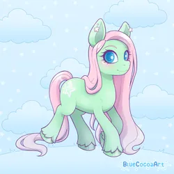 Size: 2048x2048 | Tagged: safe, artist:bluecocoaart, derpibooru import, spring (g2), earth pony, pony, g2, blushing, cloud, ear piercing, earring, female, image, jewelry, looking at you, mare, outdoors, piercing, png, raised hoof, raised leg, signature, smiling, solo, stars, tail, unshorn fetlocks