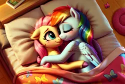 Size: 1152x768 | Tagged: safe, ai content, derpibooru import, machine learning generated, stable diffusion, fluttershy, rainbow dash, pegasus, pony, bed, bedroom, blanket, blushing, cuddling, cute, daaaaaaaaaaaw, dashabetes, duo, duo female, eyes closed, female, floppy ears, flutterdash, hooves, hug, image, lesbian, looking at each other, looking at someone, lying down, mare, on bed, pillow, png, prompter:endless--, shipping, shyabetes, side, sleeping, smiling, smiling at each other, snuggling, touching face, wings