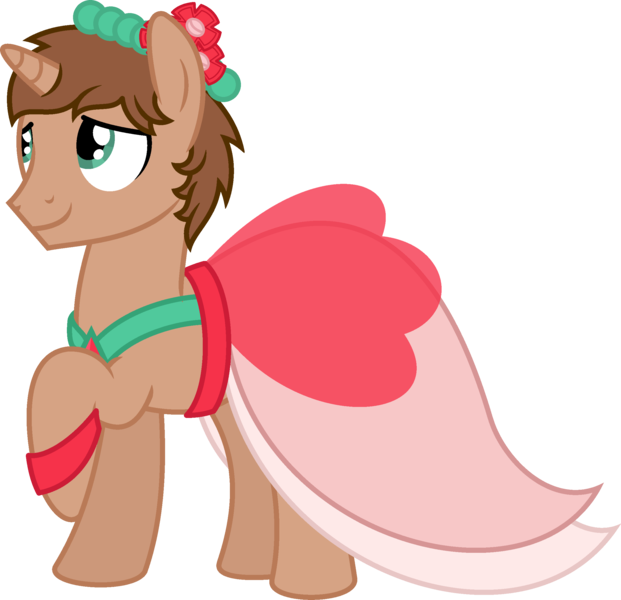 Size: 2423x2340 | Tagged: safe, artist:peternators, derpibooru import, oc, oc:heroic armour, unofficial characters only, pony, unicorn, clothes, crossdressing, dress, g4, image, male, png, shy, simple background, smiling, solo, stallion, transparent background