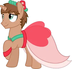 Size: 2423x2340 | Tagged: safe, artist:peternators, derpibooru import, oc, oc:heroic armour, unofficial characters only, pony, unicorn, clothes, crossdressing, dress, g4, image, male, png, shy, simple background, smiling, solo, stallion, transparent background