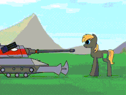 Size: 640x480 | Tagged: safe, artist:mige sanwu, derpibooru import, oc, earth pony, pony, animated, animation test, cloud, command and conquer, female, gif, grass, grass field, image, mare, mountain, red alert, red alert 2, tank (vehicle)