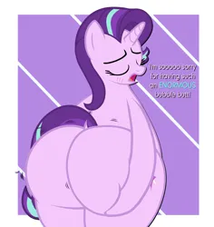 Size: 6862x7275 | Tagged: suggestive, artist:duskyzombie, derpibooru import, starlight glimmer, pony, unicorn, blushing, butt, butt grab, butt touch, derpibooru exclusive, dialogue, eyes closed, female, glimmer glutes, grope, image, large butt, mare, open mouth, plot, png, self grope, simple background, solo, squishy, the ass was fat